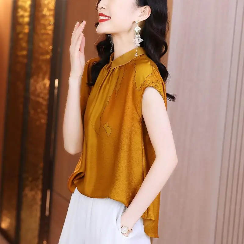 

Women's Ginger Yellow Satin Blouse Collared Sleeveless Print Elegant Office Top