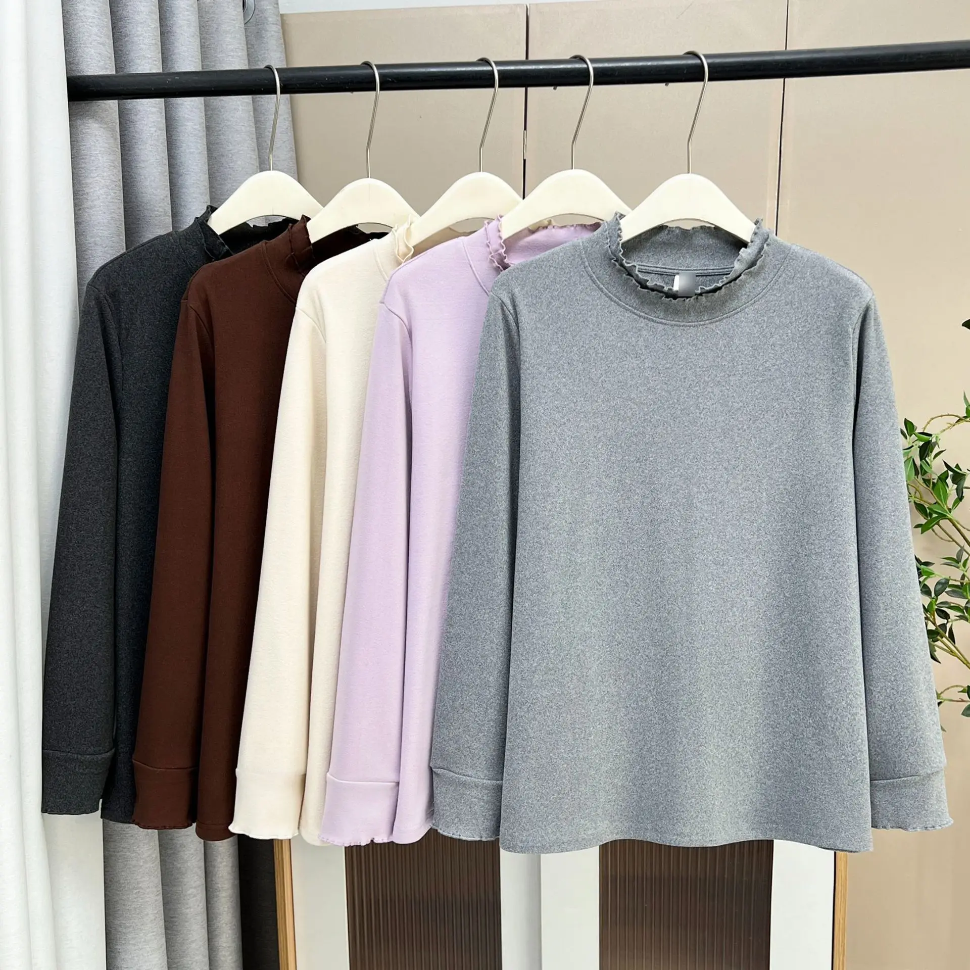 XXXXL موضة حجم كبير تي شيرت المرأة الخريف الشتاء أنيق مزدوج تكدرت طوق كم طويل دي المخملية الدافئة قاعدة القمم 2587 #5