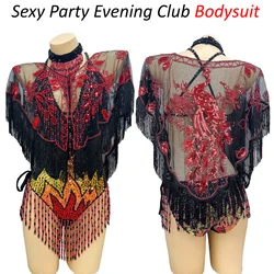 Flame Sequins Sexy Party Evening Club Leotard Bodysuit Swimsuit Women Dancer One-Piece Outfit Costume Stage Performance Clothes