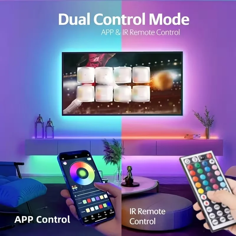 LED Strip Lights, 44key Remote and App Control  Adjustable Brightness Music Sync Gaming LED Light Strip for Bedroom Living Room