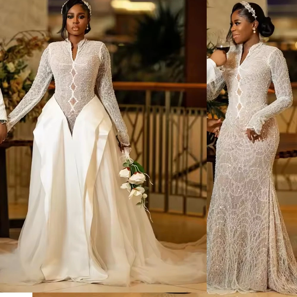 Luxury 2 in1 Mermaid Wedding Dresses with Detachable Train Long Sleeves Lace Satin Tulle Nigeria Court Bridal Gowns Customized