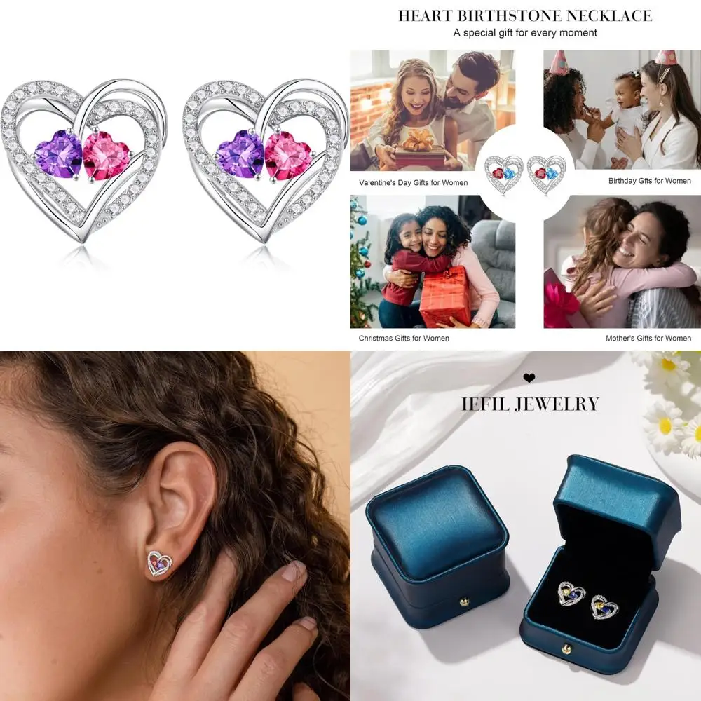 

Sterling Silver Double Birthstone Earrings, Heart Studs, Ideal Anniversary and Birthday Gifts for Women, Christian-themed Jewelr