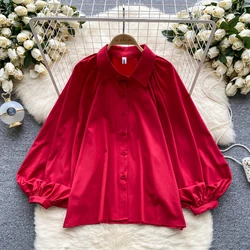 Women Chic Pleated vintage Slim Basic Sexy Korean Fashion loose Lantern Sleeve Summer Women Blouse