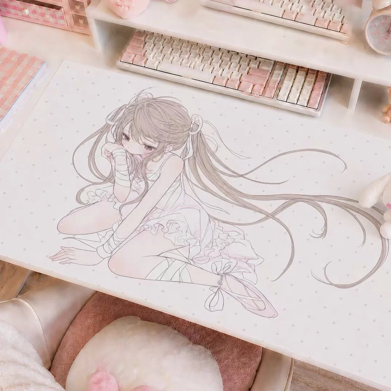 Leather Desk Pad Protector Polka Dots Long Hair Japanese Anime Girl Y2K Mouse Pad Office Desk Mat Non-Slip PU Desk Blotter Pad