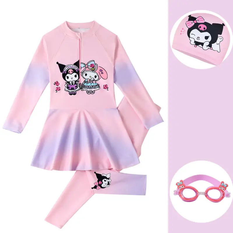 Anime Kuromi Kids Swimwear Long Sleeve Pants Set my Melody Sunscreen Cute Cinnamoroll Swimsuit Quick Dry Swim Clothes Girls Gift