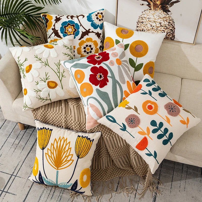 Boho Style Flower Embroidery Cushion Cover Plant Flower Pattern Sofa Throw Pillow Cover Canvas Square Pillowcase Home Decor