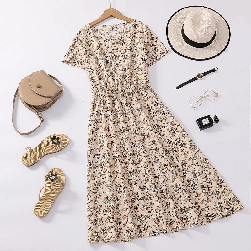 

Casual Fashionable Summer Dress for Middle-Aged And Elderly Women Southeast Asian Mom Style Loose Fit Long Sleeve round Neck