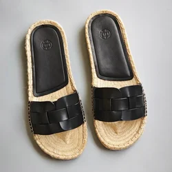 Mrxmus Dutit 2024 Summer New Black Leather Woven Flat Sandals Minimalist jute sandals Lazy people's slippers