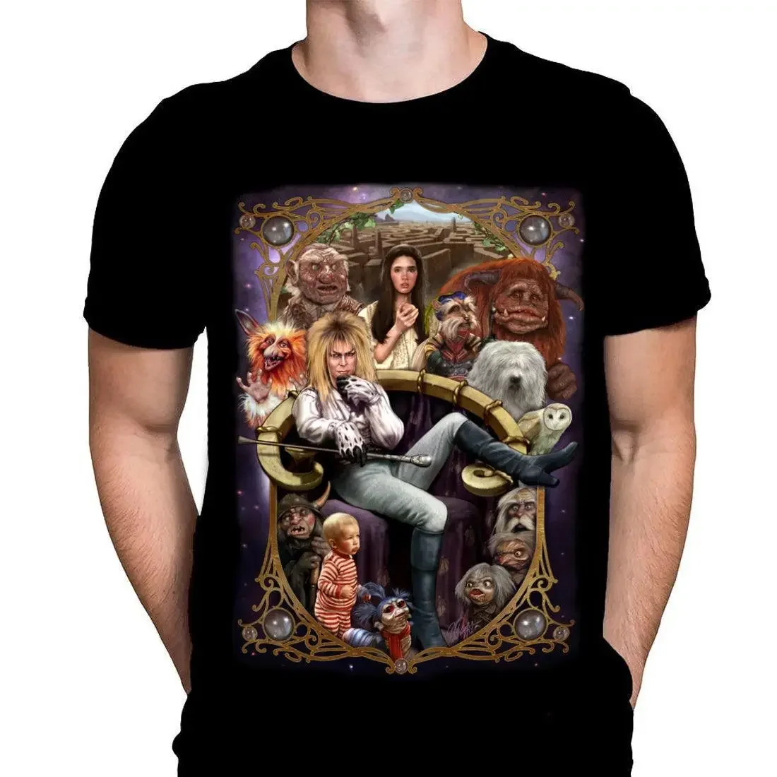 Movie Art Labyrinth by Peter Panyis Black Cotton Mens T Shirt with Oversized Horror Image Fantasy