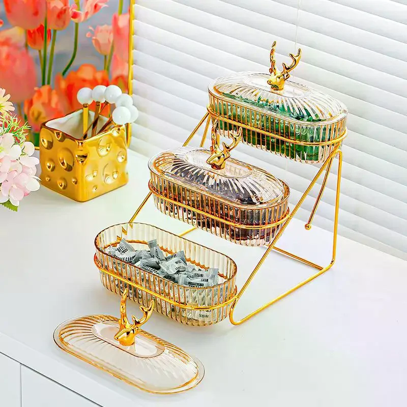 3D-Design-Servierschale, Serviertablett, Organizer, elegantes 3-stufiges Trockenfrucht-Nuss-Display-Tablett mit stilvollem Elchdeckel, nordisch für Früchte