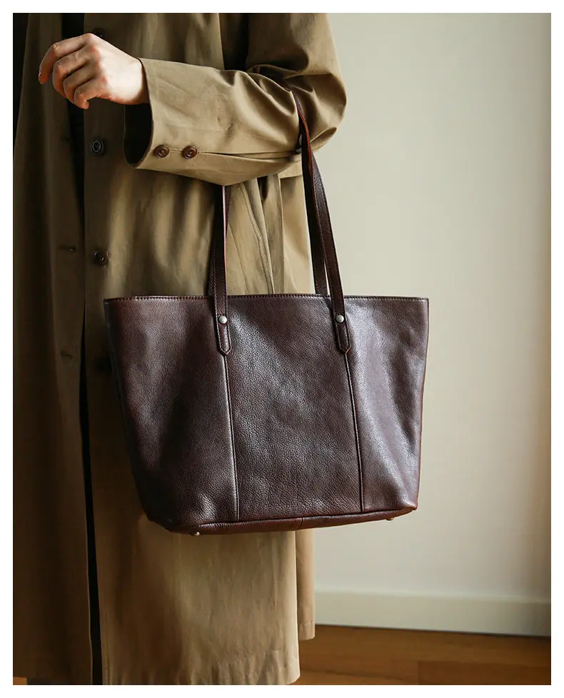 PNDME einfache, handgefertigte Vintage-Tasche aus echtem Leder, große Kapazität, Damen-Handtasche, Freizeitmode, Einkaufstasche aus Rindsleder, Schultertasche – Detail 16