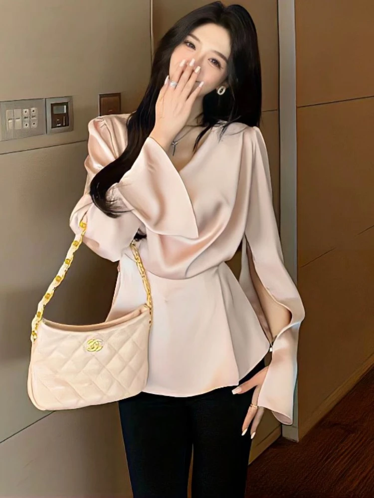 Blouses Women Elegant Pile Collar Long-sleeve Office Lady Gentle New French Style Pure Chic Defined Smooth Aesthetic Design Tops