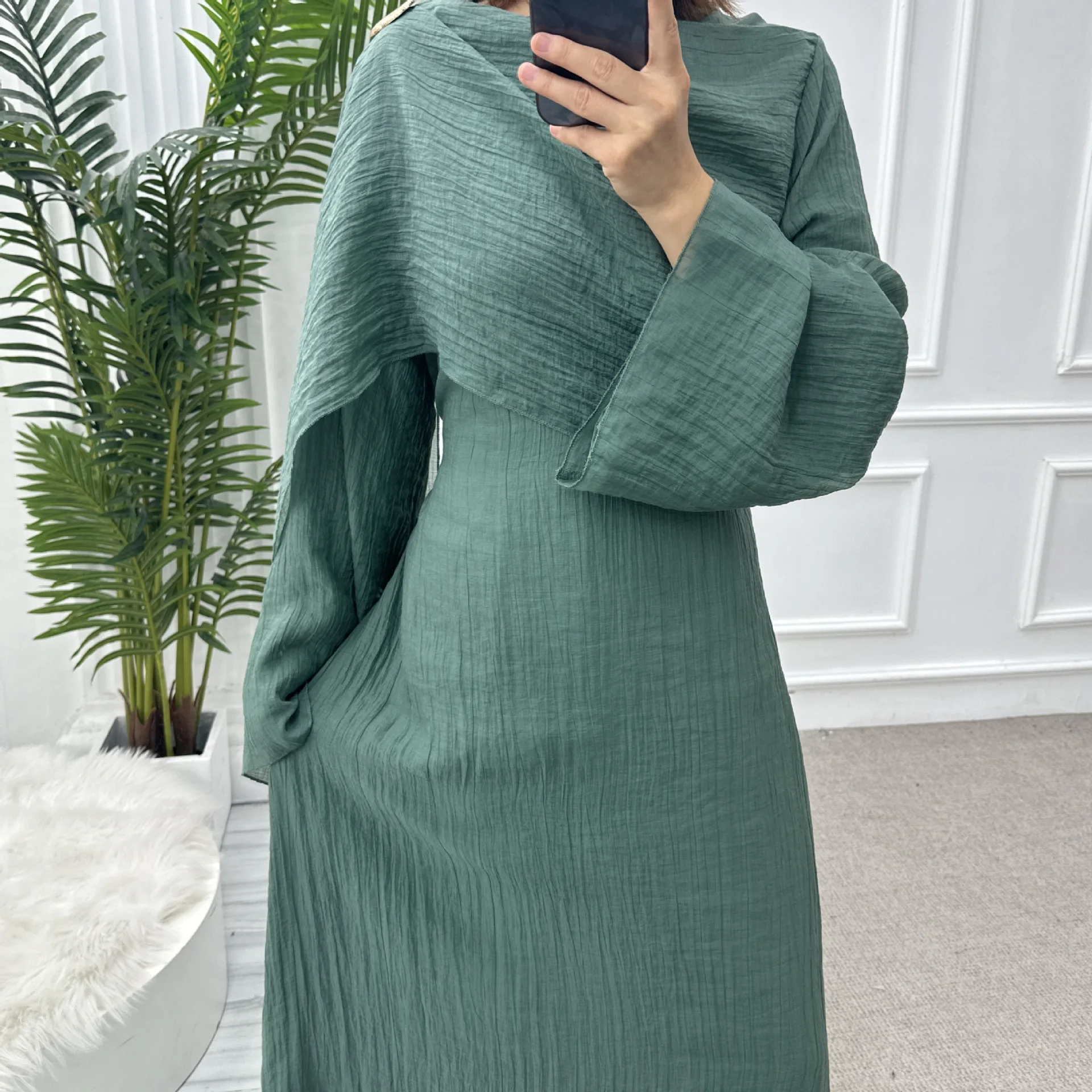 Solid Color Modest Muslim Dresses for Woman Abaya Dubai Luxury Pleated Shawl Gown Party Long Dress Islamic Clothing Eid Abayas