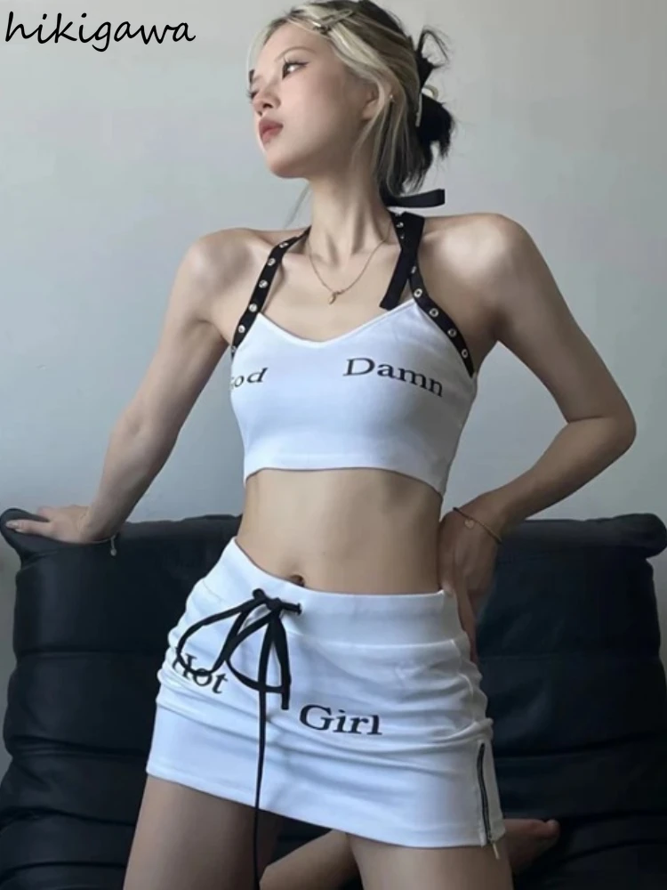 

Skirt Sets Women Two Piece Suit Roupas Femme Bandage Backless Crop Vest Bodycon Mini Skirts Outfits Letter Summer Y2k Sexy Set