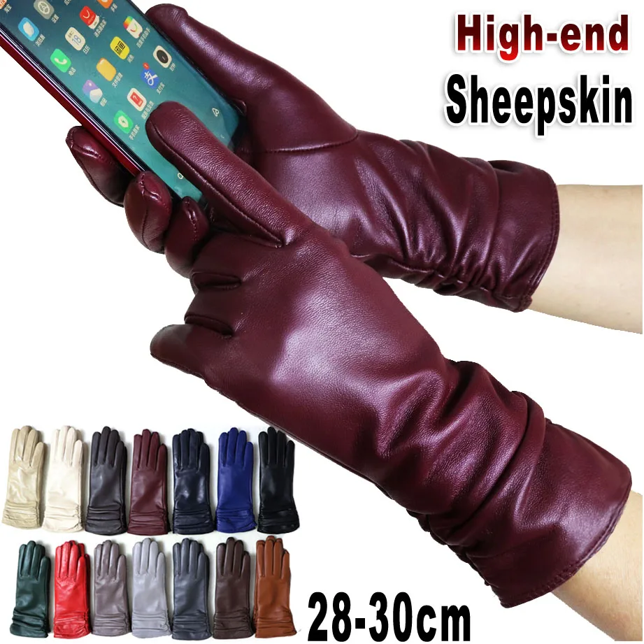 High-end Leather Sheepskin Gloves Women's Warm Knitted Flannel Lining Touch Screen Color Leather Gloves Driving Genuine New