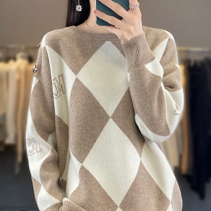 Autumn and Winter New Cashmere Sweater Women's O-Neck Pullover 100% Merino Wool Knitted Color Block Top Fashion Korean Edition