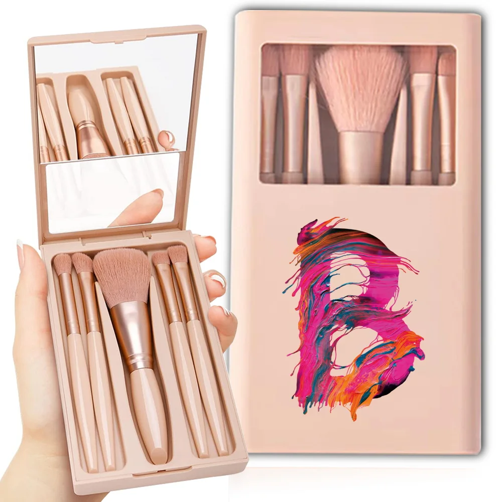 5Pcs Portable Makeup Brushes Kit With Mirror Cosmetic Brush Set Box Outdoor Organizer Case Beauty Tools Bag Paint Letter Pattern