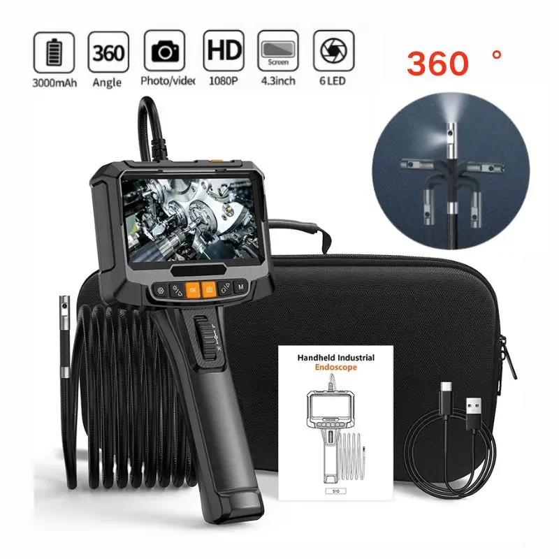 360° Steering Industrial Endoscope Camera 6/8mm 5 Inch IPS Screen Single/Dual Lens Inspection Borescope 1080P For Car Engine Pip