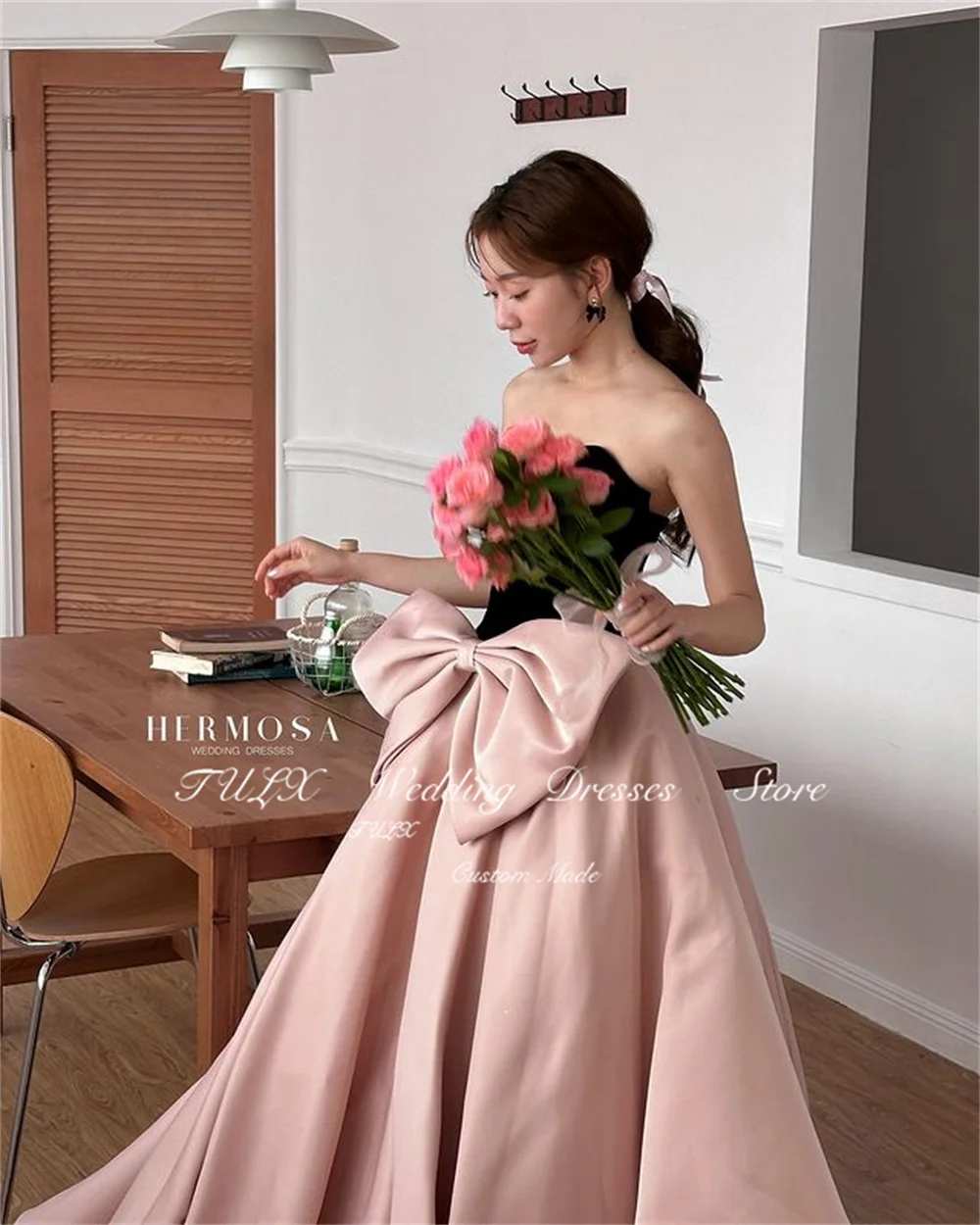 TULX Princess Black Pink Evening Dress Sweetheart A-line Bow Korea Wedding Party Dress Corset Bridal Long Formal Event Custom