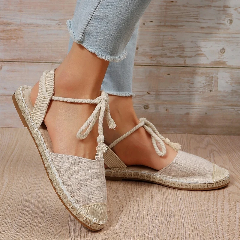 Lace-up Flats Summer Sandal Elegance Women Comfy Shoes Fastener Ankle Strap Espadrilles Linen Vacation Flats Sandals