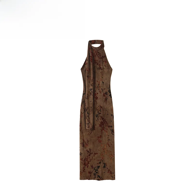Fashionable Long Velvet Dress Women's Straight Cut Skirt Neck Hanging Design Sleeveless City Commute Suitable Autumn New Arrival