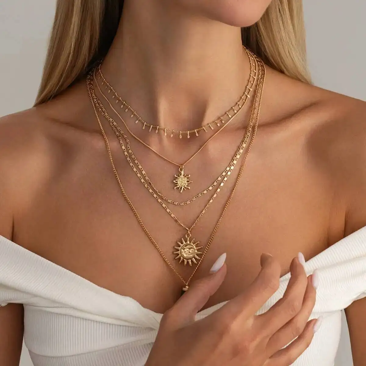 IngeSight.Z 5Pcs/Set Bohemia Gold Color Sun Pendant Choker Necklace Women Trendy Multi-Layer Adjustable Neck Accessories Jewelry