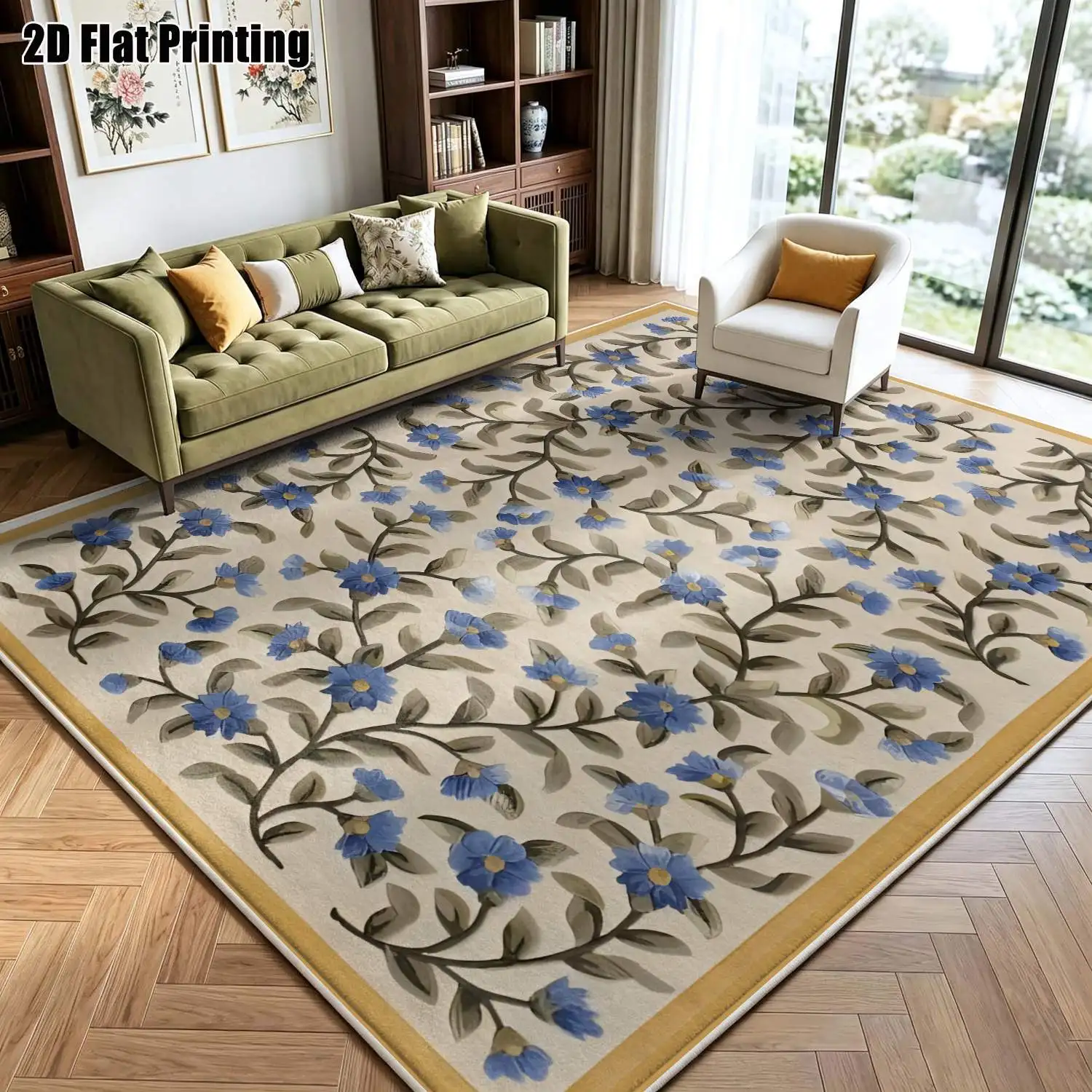 1Pc 2D Printed Velvet Carpet Blue Flower Green Leaf Nordic Instagram Modern Minimalist Vintage Home Decor Multi-Size Machine Washable for Entrance Dining Living Bedroom