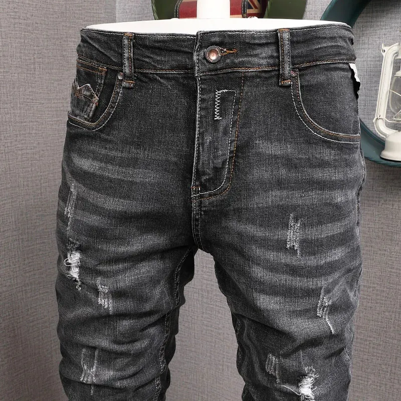 Fashion Designer Men Jeans Retro Black Gray Slim Fit Stretch Ripped Jeans Men Hole Trousers Vintage Casual Denim Pants Hombre
