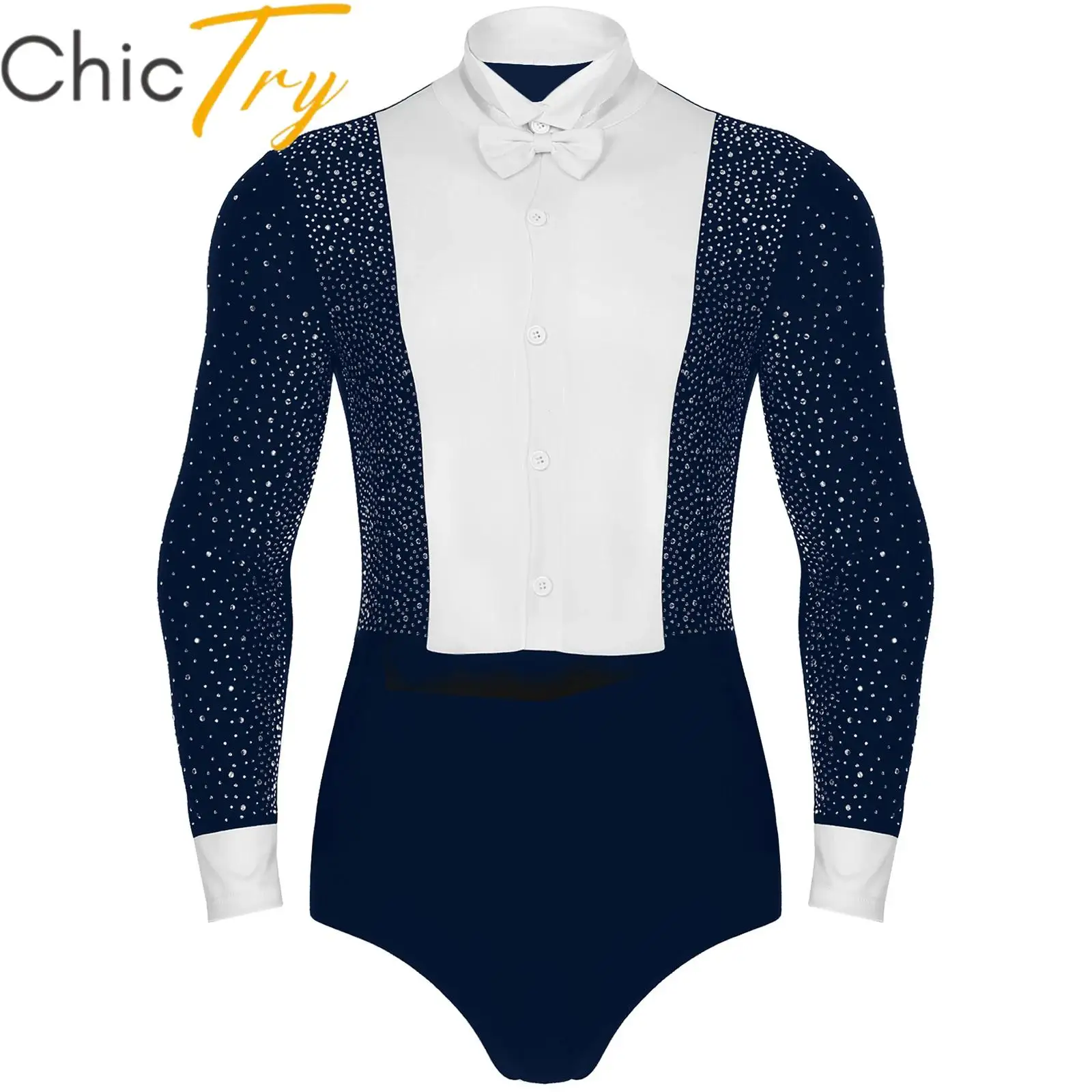 Men's Latin Ballet Dance Shirt Ballroom Costume Long Sleeve Samba Salsa Performance Costume Rumba Leotard Bodysuit with Bowtie