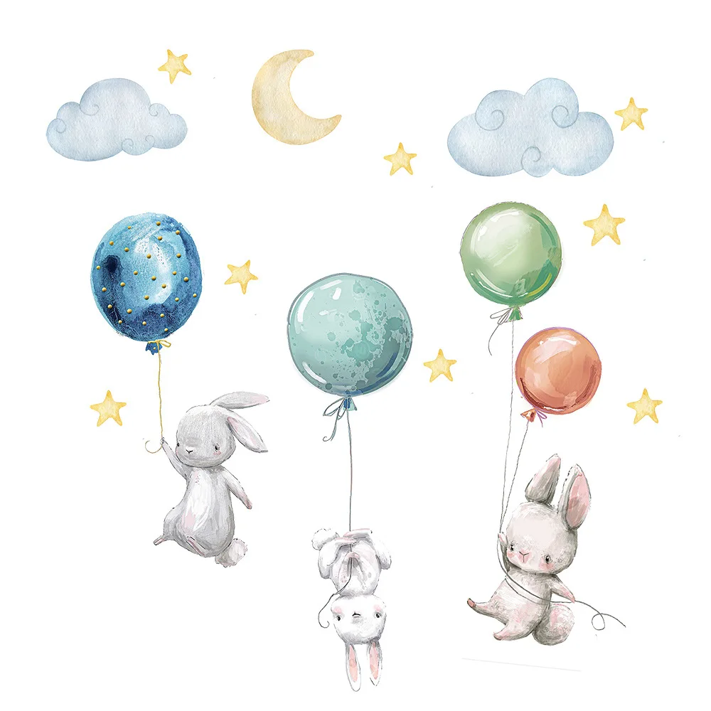 Bunny Balloon Translucent Wall Stickers, Nursery Baby Room Decor Self-Adhesive Cartoon Kids Art