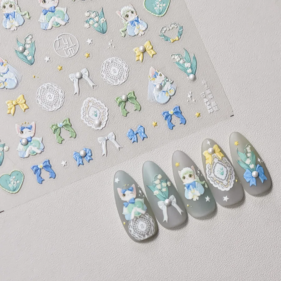 Pegatinas de uñas de moda de alta calidad con lazo azul de dibujos animados, herramienta de manicura de diseño de calcomanías para decoración de uñas, 1 hoja