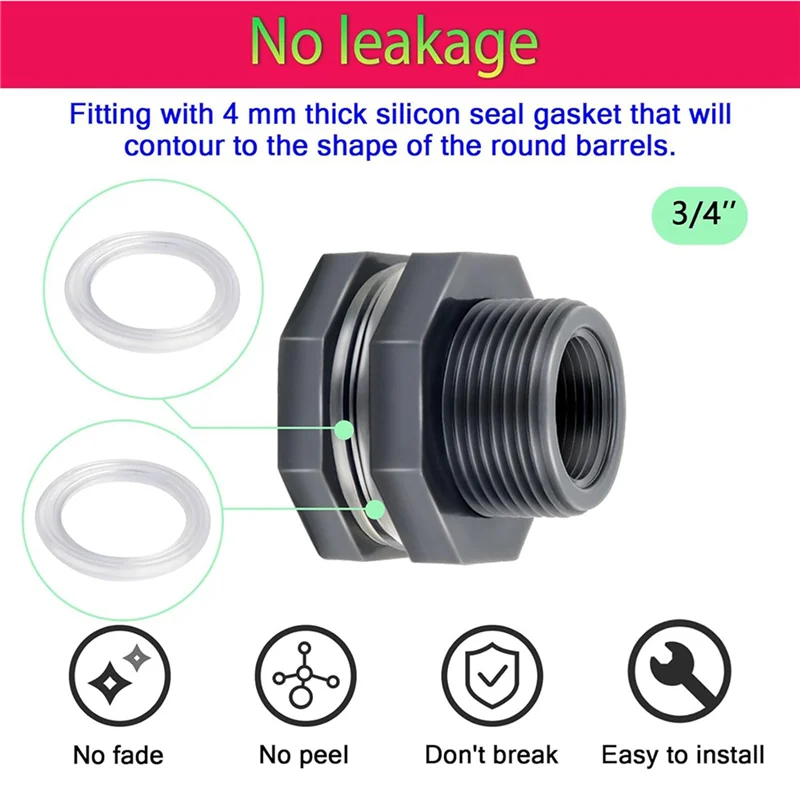 Fresh 12X PVC Bulkhead Fitting 3/4 Inch With Plugs,Garden Hose Adapter With Clamp Kit,Water Tank Connector