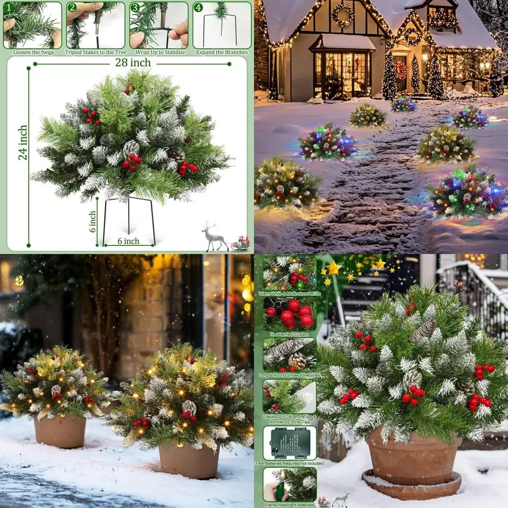 

Двухцветная рождественская елка на батарейках с 24-дюймовыми снежными шишками, красными ягодами и 8 режимами освещения