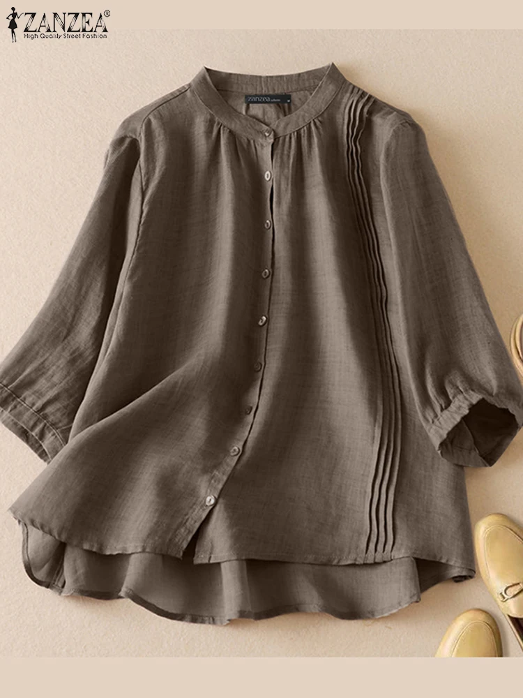 ZANZEA-Chemise Vintage Décontractée pour Femme, Chemisier Monochrome à Manches 3/4, lèvent vers le Bas, Tunique de Vacances, Été 2025