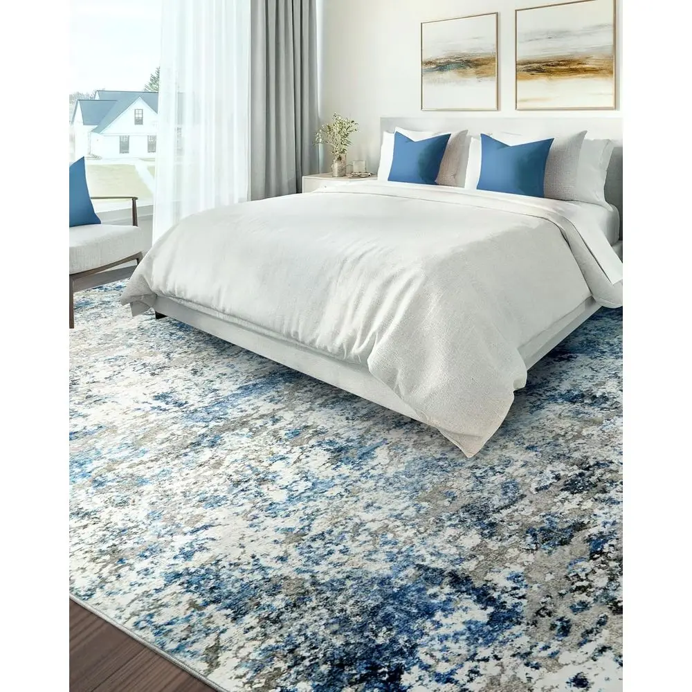 Modern Neutral 9x12 Area Rug - Soft, Non-Slip, Low Pile for Living/Bedroom, Home Office, Grey/Blue