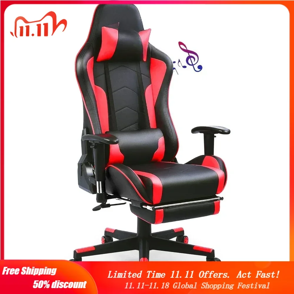 Gaming Chair with Footrest Speakers Video Game Chair Bluetooth Music Heavy Duty Ergonomic Computer Office Desk Chair Red