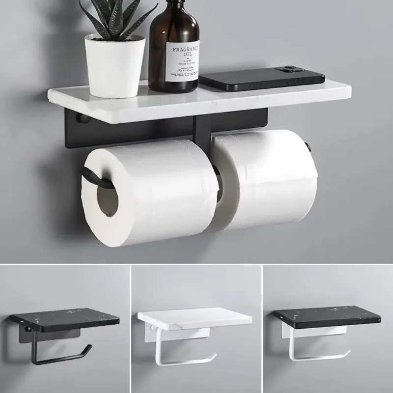 White Marble Black Bathroom Tissue Roll Holder, Wall Mount Toilet Paper Rack With Mobile Phone Storage Shelf