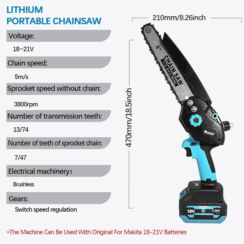 Electric Goddess Brushless 8 Inch Electric Saw Automatic Oiler Garden Pruning Chainsaw Woodworking Tools for Makita 18V Battery