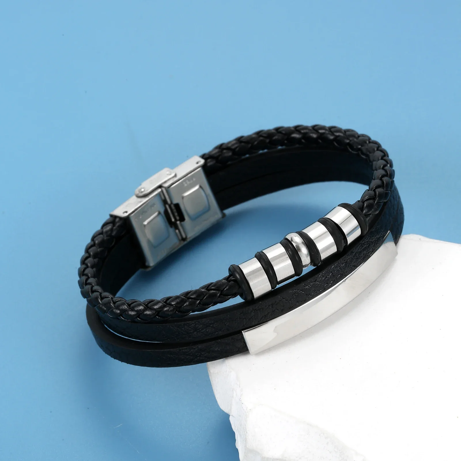 2024 Jewelry Stainless Steel Leather Smooth Bracelet Men Vintage Cuff Leather Bracelet Pulsera Hombre