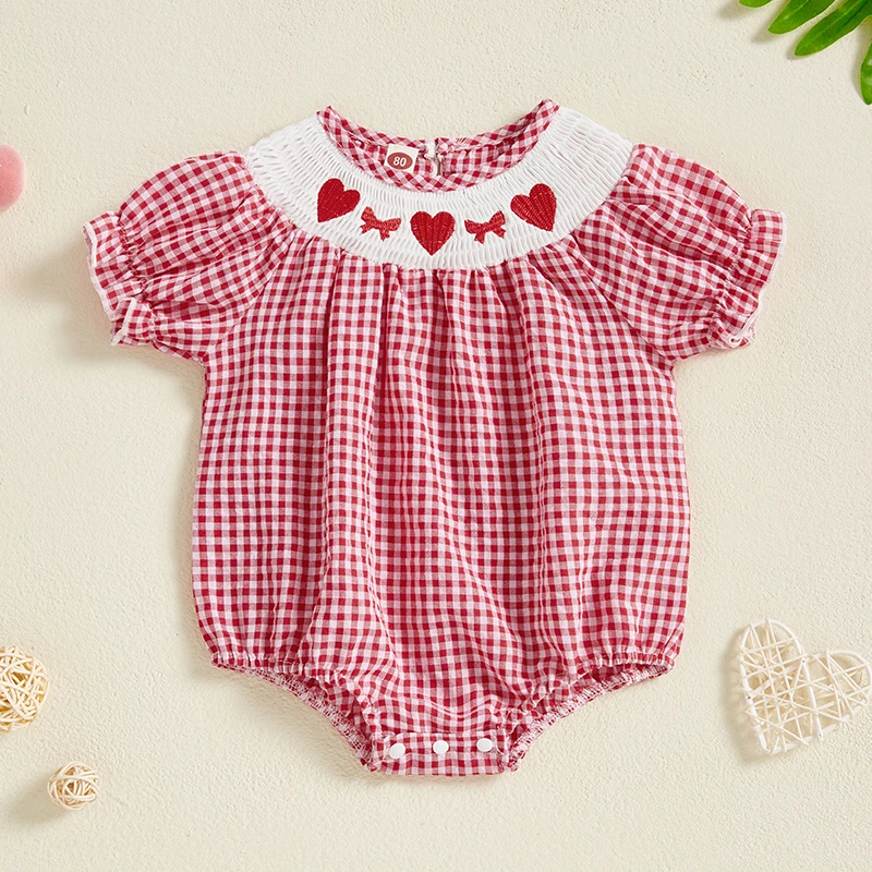 Newborn Baby Girl Valentines Day Outfit Smocked Bubble Romper Heart Embroidery Round Collar Bodysuit Spring Clothes