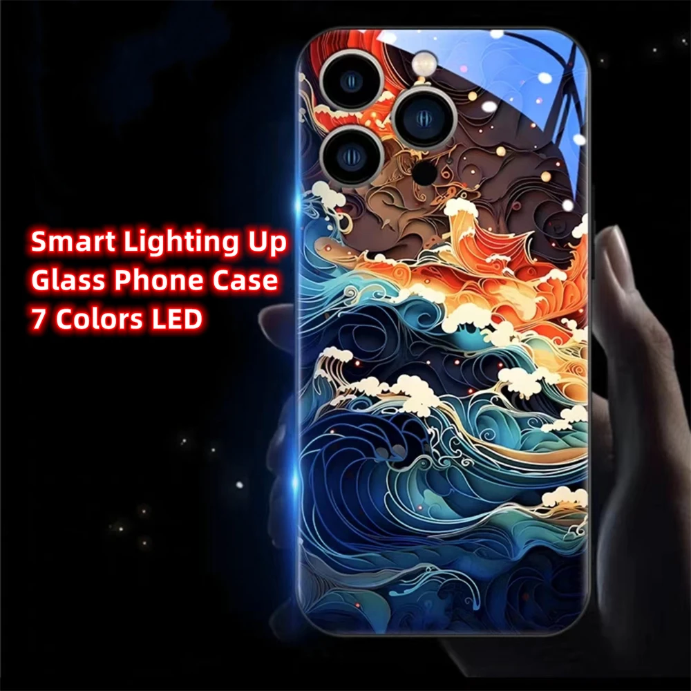 

Cloud Sea Mural Sound Control LED Flash Cases Luminous Glass Cover For iPhone Air 17 16 E 15 14 13 12 11 Pro Max Plus X XS XR