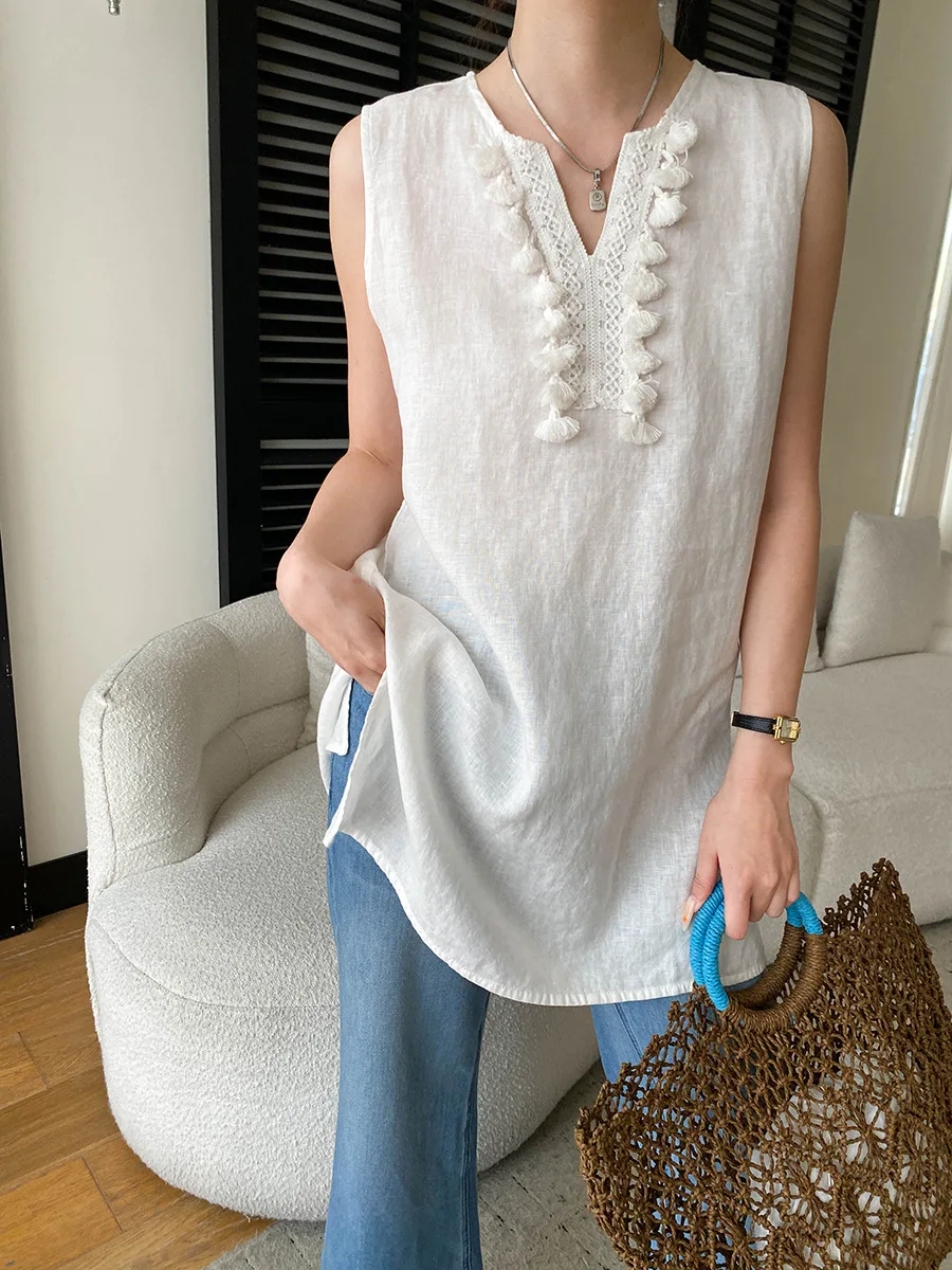 

Summer women's casual solid color tassel V-neck loose slimming mid length sleeveless vest