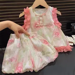 Children's Clothing Sets Floral Sleeveless Top + Shorts 2pcs Sets Chinese Traditional Style Baby Girl Clothes Outfit Sets