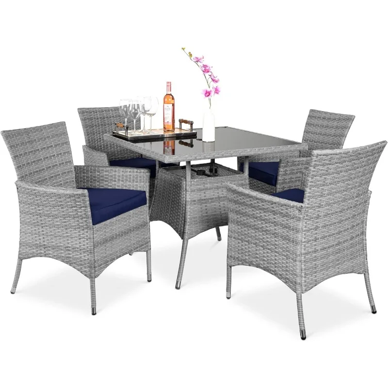 

5-Piece Indoor Outdoor Wicker Dining Set Furniture for Patio, Backyard w/Square Glass Tabletop, Umbrella Cutout, 4 Chairs