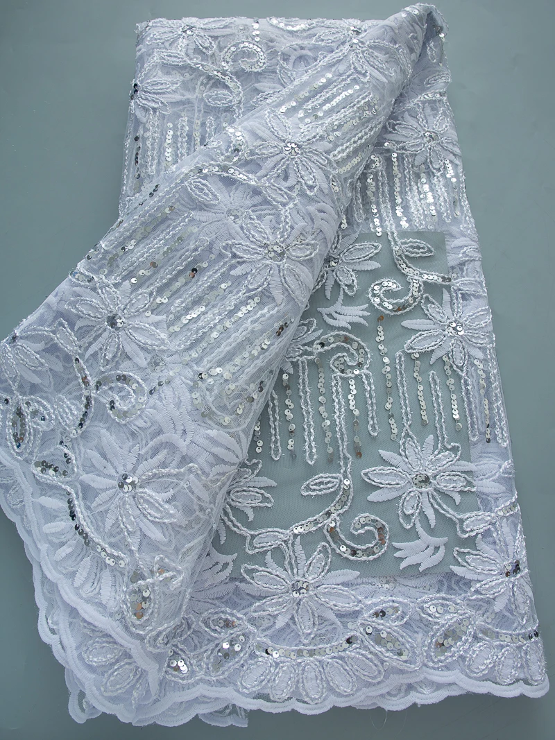 White 2025 African Sequins Lace Fabric 5 Yards High Quality French Nigerian Groom Lace Fabric For Sewing Dress Wedding Party