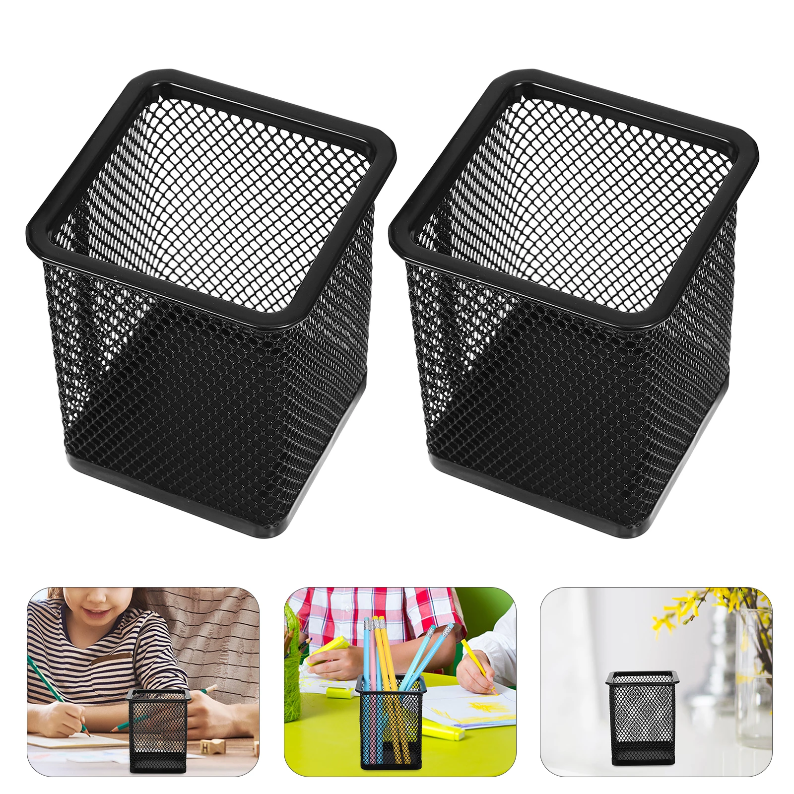 

2 Pcs Metal Hollow Pen Holder Case Mesh Accessories Pencil Organizer Silver Pot Wire Container Office Cup Square