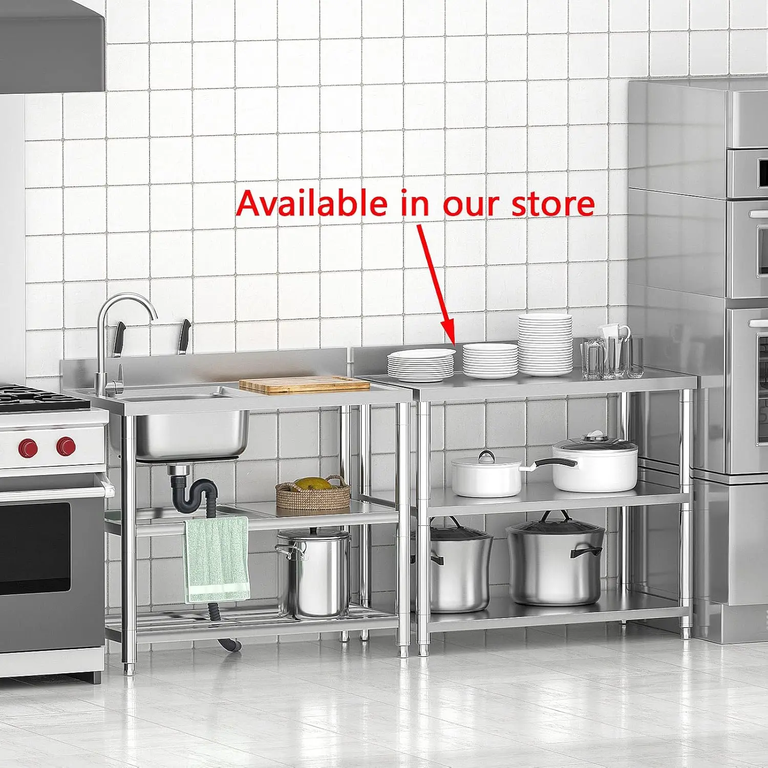 Free Standing Stainless-Steel Single Bowl Commercial Restaurant Kitchen Sink Set w/Faucet & Drainboard, Washing Hand Basin