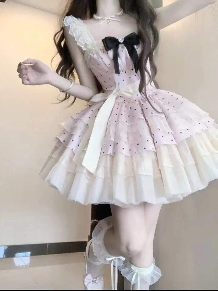 

Summer Y2k Woman Dress Lolita Female Lace Vintage Fairy Elegant Sweet Dress Kawaii Mini Dresses Birthday Party Chic Outfits