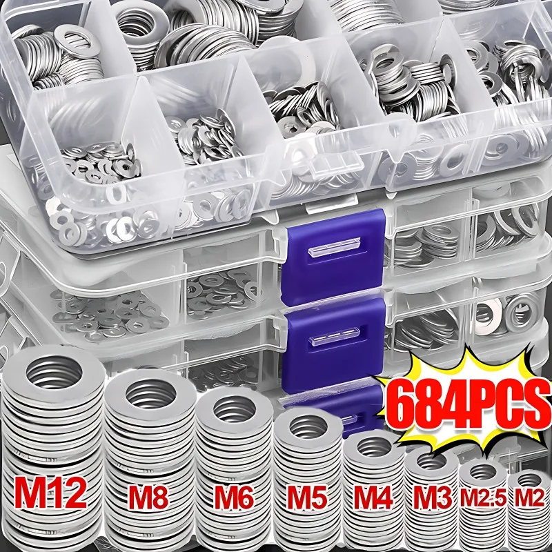

684/180pcs Stainless Steel Washer M2-M12 Metal O Rings Flat Gaskets Screws Bolts Fasteners Assortment Kits Flat Washers Hardware