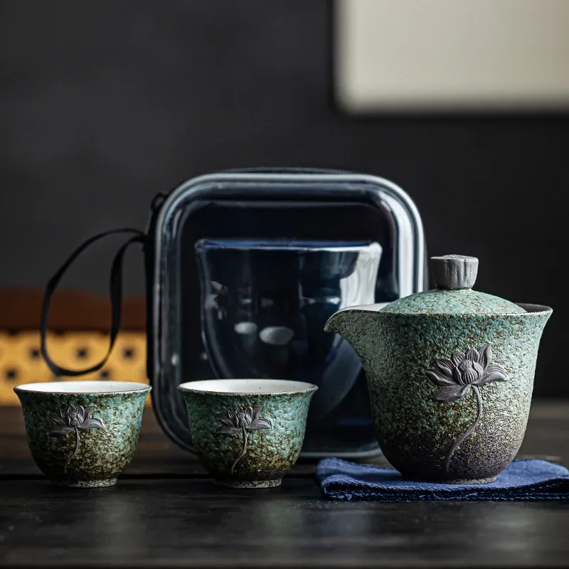 Kuaike Cup One Pot Two Cups Ceramic Portable Tea Set Outdoor Travel Tea Set Storage Bag Small Set Kung Fu Hand Grab Pot Tea Cup